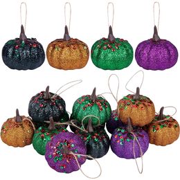 Objets décoratifs Figurines 12 PCS Halloween Paillettes Citrouilles suspendues Paillettes Citrouille en mousse Citrouilles artificielles pour la fête d'automne 230901