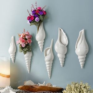 Objets décoratifs Figurines 1Pc Amagogo Moderne Blanc Céramique Coquille De Mer Conque Fleur Vase Tenture Murale Décor À La Maison 230508