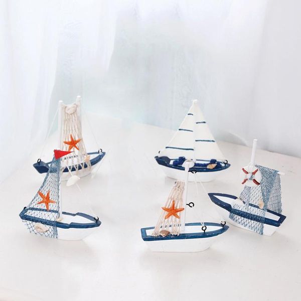 Objets décoratifs Figurines 1PC Style méditerranéen Marine en bois bleu bateau à voile Art décoration ornement cadeau chambre décor pour enfants R