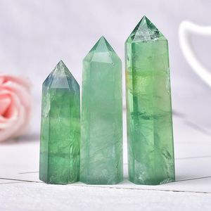 Decoratieve objecten beeldjes 1pc Natural Crystal Point Green Fluoriet Steen Healing Hexagonal Prisms Reiki Obelisk Quartz Wand Tower voor H