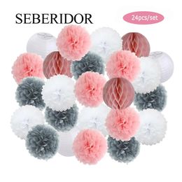 Decoratieve objecten beeldjes 24pcsSet 6" 8" 10" 12" Baby Girl Douche Decor Grijs Roze Papieren Lantaarn Zebra Zeemeermin Feestartikelen Tissue Pom Zwart Geel 231130