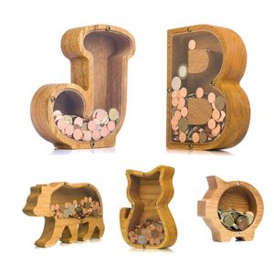 Objetos decorativos Figuras 26 Letra Hucha de madera con etiqueta de nombre Caja de dinero de vidrio transparente personalizada para niños Regalo de los niños Decoración del hogar 230821