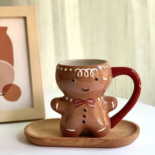 Objetos decorativos Figuras 300 ml Hombre de pan de jengibre Taza Dibujos animados Lindo Kawaii Navidad 3D Taza de cerámica Leche Café Agua Regalo 231218