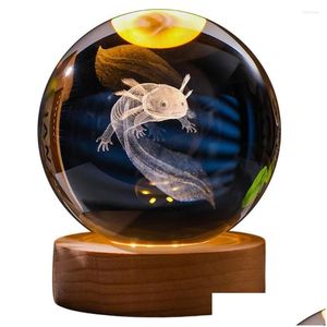 Objets décoratifs Figurines 3D Axolotl Crystal Ball Lampe avec base en bois Colorf Light Creative Home Decoration Drop Livrot Garde Dhh9c