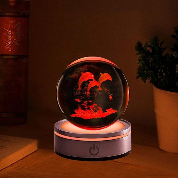 Objets décoratifs Figurines Boule de cristal de dauphin 3D avec support de lampes LED Sphère de verre animal gravé au laser Cadeaux d'anniversaire pour enfants Maison Bedr