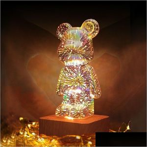 Objets décoratifs Figurines 3D Feu d'artifice Ours LED Veilleuse 7 couleurs Projecteur d'ambiance Décoration de chambre romantique Bureau Lam Ot7Sd