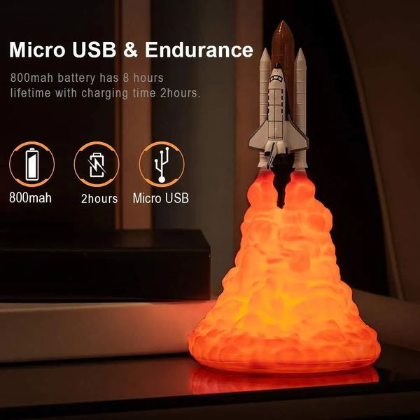 Objets décoratifs Figurines Impression 3D Lampe de nuit LED Navette spatiale Fusée Lumière USB Bureau rechargeable pour Noël Anniversaire Cadeau pour enfants 231128