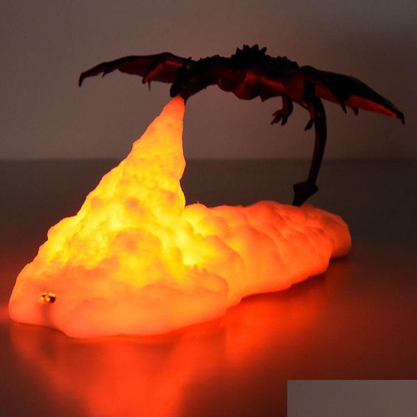 Objets décoratifs Figurines 3D décor de chambre impression LED lampes de glace Dragon de feu maison bureau lampe rechargeable cadeau pour enfants famille Dheea