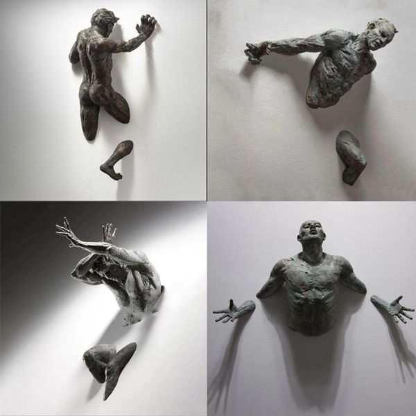 Objetos decorativos Figuras 3D a través de la pared Figura Escultura Resina Galvanoplastia Imitación Cobre Escalada abstracta Hombre Estatua Living Decoración del hogar 230606