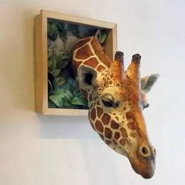 Decoratieve objecten Beeldjes 3D Wandmontage Giraffe Sculptuur 1Pc Giraffe Hoofden Muurhangende Decoraties Muurkunst Levensechte Dierenstandbeeld Ornamenten 231021