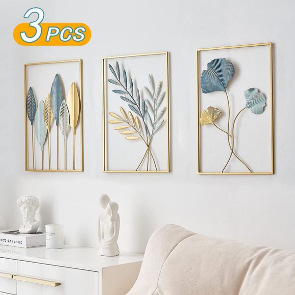 Objetos decorativos Figuritas 3 piezas Nordic Home Wall Decor Metal ginkgo leaf Pegatinas de pared Macrame Wall Hanging Decor Room Accesorios Decorativo Wall Ledge 230515