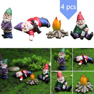 Decoratieve objecten beeldjes 4 stuks Fairy Garden Dronken Kabouters Miniatuur Ornamenten Set Mini Dwerg Vreugdevuur Beelden voor Plantenbak Bloempot Decor Accessoires 230905