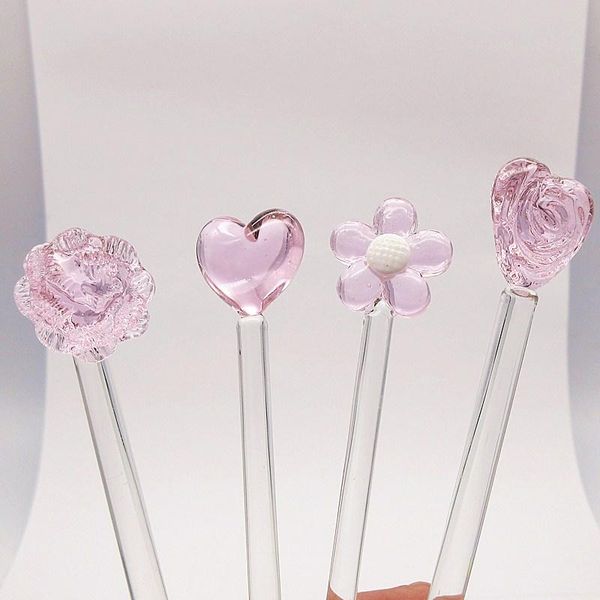 Objetos decorativos Figuritas 4 piezas Custom Pink Lovey Glass Ornament Head Colocación Swizzle Sticks Hecho a mano Murano Vino Café Cóctel