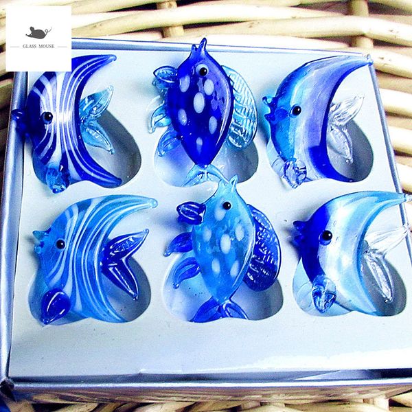 Objetos decorativos Figuritas 6 piezas de vidrio azul hecho a mano decoración de peces de mar Decoración de pecera de acuario Mini estatua de vidrio de animal marino decoración 230407