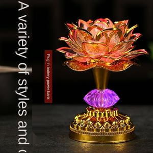 Objets décoratifs Figurines 7 couleurs pour lampe fleur de lotus Lampes de prière bouddhistes 52 chansons Buddha Music Machine LED Changement de couleur Temple Light 230724