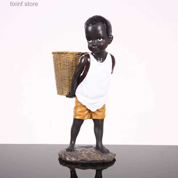 Objets décoratifs Figurines Figurine africaine petit garçon Tribal Kid Statue Sculpture pièce d'art décor pour la maison Vase de rangement Table support salle d'étude ornement T240309