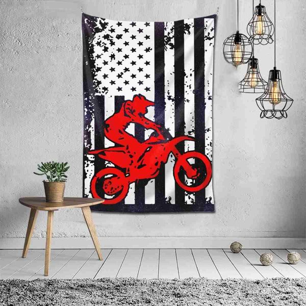 Objetos decorativos figuritas bandera americana gráfico Motocross Dirt Bike tapiz de pared con arte naturaleza decoración del hogar L230724