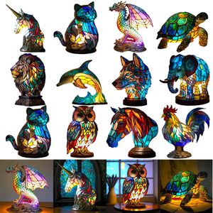 Objetos decorativos Figuras Lámpara de mesa de animales Resina Unicornio Sirena Tortuga marina Vidrieras Luz Búho Caballo Gallo Elefante para decoración del dormitorio del hogar 231205