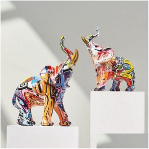 Objets décoratifs Figurines Art Colorf Éléphant Scpture Résine Animal Statue Moderne Iti Maison Salon Décor Bureau Esthétique Cadeau 2 Dheiv