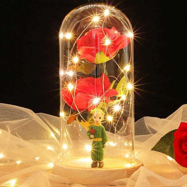 Objetos decorativos Figuras Flores artificiales en cubierta de vidrio con colorido LED Luz de rosa Fox Little Prince Adornos Sala de regalo de boda Navidad Q231219