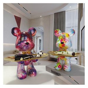 Objetos decorativos Figuritas Estatua de oso con bandeja Almacenamiento Animal Artesanía Resina Scpture Llaves Misceláneas Bocadillos Mesa Decoraciones superiores OTR3C