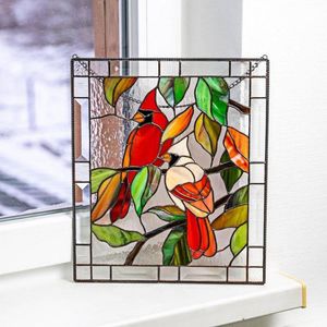 Objets décoratifs Figurines Ornements d'oiseaux Carillons éoliens One Wire High Stained Glass Suncatcher Window Panel Series Pendentif Cadeaux Birds Lov