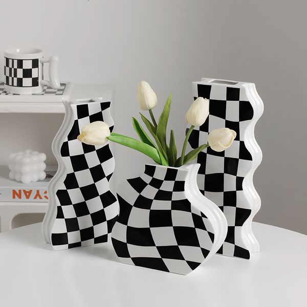 Objets Déco Figurines Vase Céramique Noir et Blanc Décoration Damier Haut Sens Fleur Séchée Salon Aménagement Maison 230508