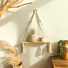 Objetos decorativos Figuras Bohemio hecho a mano tejido borla de madera grano maceta estante minimalista casa de familia sala de estar hogar accesorios para colgar en la pared T240306