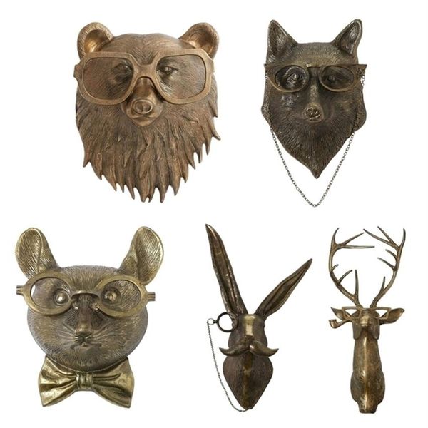 Objetos decorativos Figuritas Escultura de cabeza de animal de resina bronceada con gafas Estatua de ratón montada en la pared Estatuilla Colgante H228K