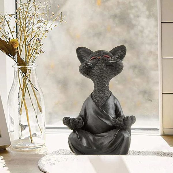 Objets décoratifs Figurines Chat Méditation Yoga À Collectionner Happy Decor Art Sculptures Jardin Extérieur Décorer Fantaisie Bouddha Noir 221208