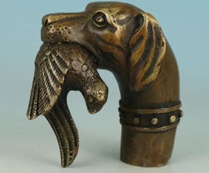 Objets décoratifs Figurines chinois vieux Bronze sculpté à la main chien mordu oiseaux Statue canne tête de bâton de marche 231005