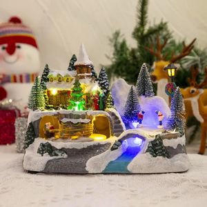 Objets décoratifs Figurines de Noël Glowing Snow House Figurine Rotatif Music Villages Sculpture pour la maison Bar Shop Décoration Cadeau Drop 231012