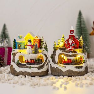 Objets décoratifs Figurines Maison de Noël Village Boîte à musique électrique Brillant Noël Neige Maison du Père Noël Ornements miniatures Décor de Noël 231127