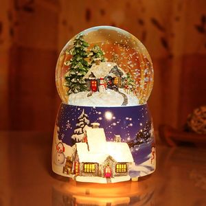 Objetos decorativos Figuras Caja de música giratoria de bola de cristal de nieve navideña con colorido regalo de adornos de escritorio de luz para Bir