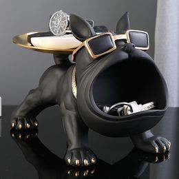 Objetos decorativos Figuras Cool French Bulldog Butler Decor con bandeja Boca grande Perro Estatua Caja de almacenamiento Animal Resina Sculputre Estatuilla Regalo para el hogar 230201