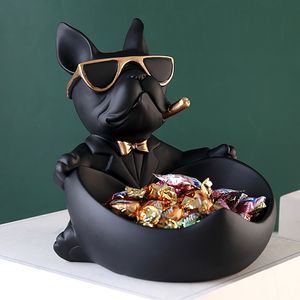 Objetos decorativos Figuras Cool French Bulldog Butler con tazón de almacenamiento para llaves Perlas y joyas Estatua de perro Decoración para el hogar Statu Escultura perro Resina Arte Regalo 230628