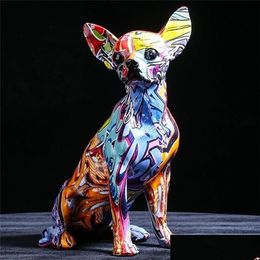 Dekorative Objekte Figuren Kreative Farbe Chihuahua Hund Statue Einfache Wohnzimmer Ornamente Home Office Harz Skulptur Handwerk Sto2617