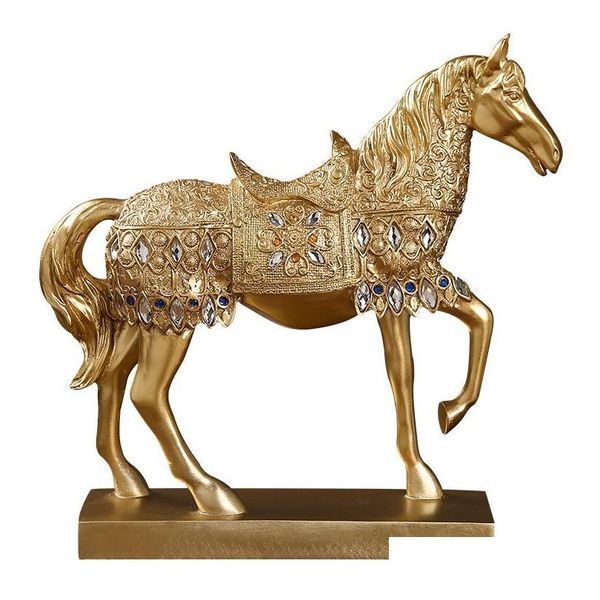 Objetos decorativos Figuritas Artesanías creativas Objetos decorativos de resina Estatua de caballo de guerra dorada Escultura Escritorio de oficina moderno Hogar nórdico Dhm6A