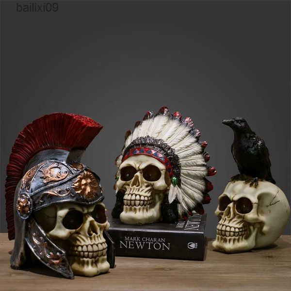 Objets décoratifs Figurines Creative Vintage Résine Crâne Statue Squelette Accessoires Sculpture Maison Bureau Bureau Décoration Ornement Halloween Décor Cadeau D'anniversaire