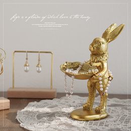 Objets décoratifs Figurines Mignon Lapin Doré Figurine Bijoux Anneau Plateau Décoratif Pâques Lapin Statue Résine Animal Sculpture Maison Table Bureau Ornement 230308