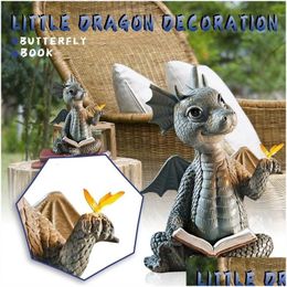 Objets décoratifs Figurines Mignon Petit Dragon Dinosaure Méditation Livre de Lecture Scpture Figure Jardin Décoration de la Maison Résine Ornam Dhvr5