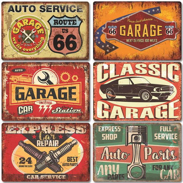 Objets décoratifs Figurines Garage de papa Plaques en métal Poster Vintage Route 66 Car Tinplate Retro Plaque Tire Shop Wall Art Decor 20x30cm 230727