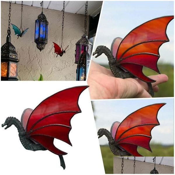 Objets décoratifs Figurines Figurines décoratives Fenêtre faite à la main Suspendue Dragon teinté Suncatcher Verre Décor à la maison Vintage Satin B Dh06B