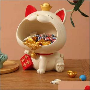 Objets décoratifs Figurines Objets décoratifs Figurines Maneki Neko Boîte à bonbons Lucky Cat Fortune Plateau de rangement Snack Jar B Dhgarden Dh2Sa