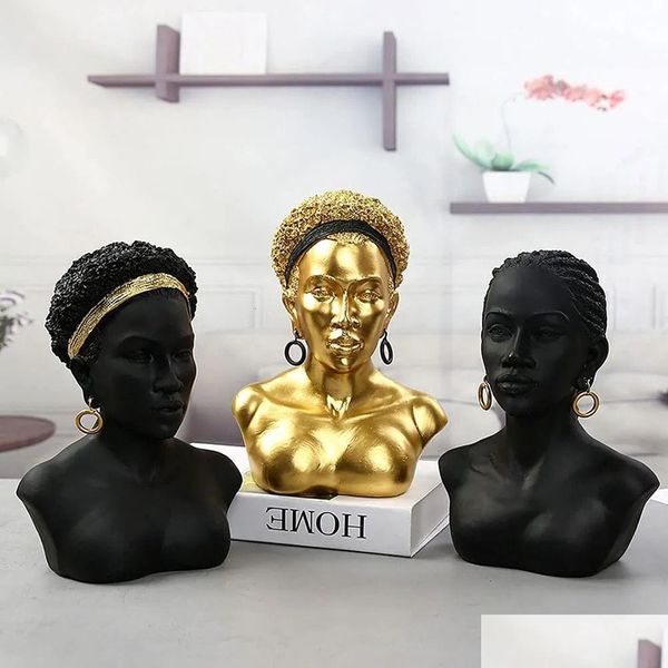 Objets décoratifs Figurines Objets décoratifs Figurines Art africain Scptures Creative Lady Black Bust Statue américaine Résine Artisanat DH9Os