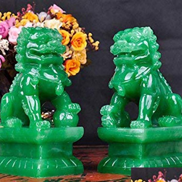 Objets décoratifs Figurines Objets décoratifs Figurines 2 pièces Fu Foo chiens gardien Lion statues finition pierre Feng Shui ou Dhgarden Dhipm