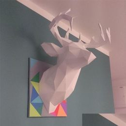 Decoratieve objecten beeldjes hertenkop trofee papercraft 3D-papiermodel 3 kleuren geometrische origami scpture voor home decor muur deco Dhnjs