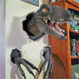 Decoratieve objecten Beeldjes Dinosaurus Wandgemonteerd Sculptuur 3D Muur barstend Hangende dinosauruskop Hars dinosauruskop met klauwen Woondecoratie 230926