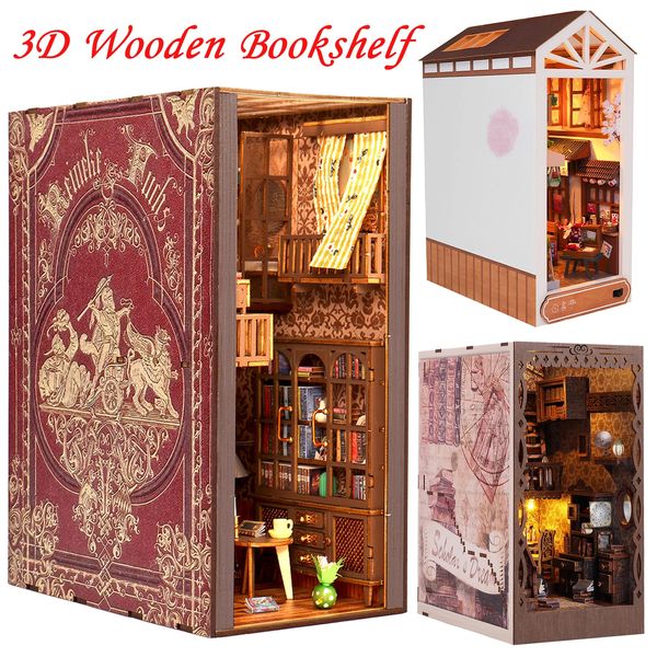 Objets décoratifs Figurines DIY Livre k Kit 3D Bibliothèque en bois Insert Décor avec lumière LED Miniature Dollhouse Modèle Ornement Maison Décorations de Noël 231023