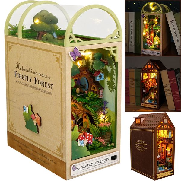 Objets décoratifs Figurines DIY Livre k Insert d'étagère Kits de construction miniatures Maisons forestières en bois 3D Assemblage d'étagère Serre-livres pour adultes Cadeaux de Noël 231023